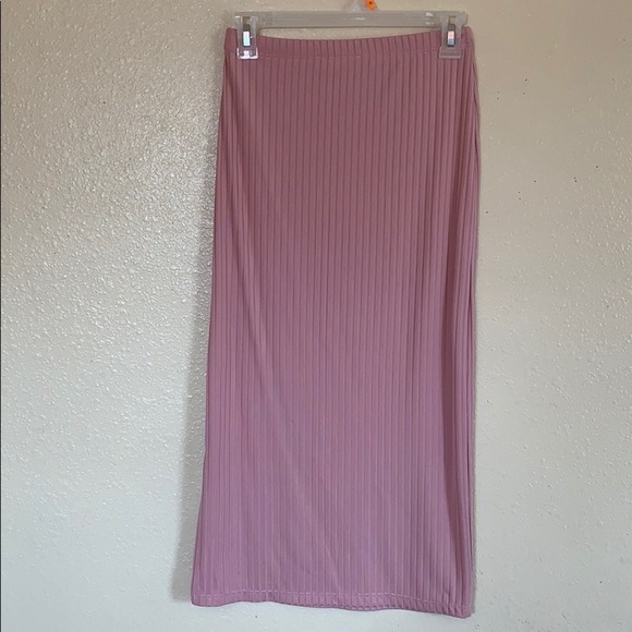 Ribbed midi skirt small slit stretchy professional work wear bubblegum pink - Picture 4 of 4